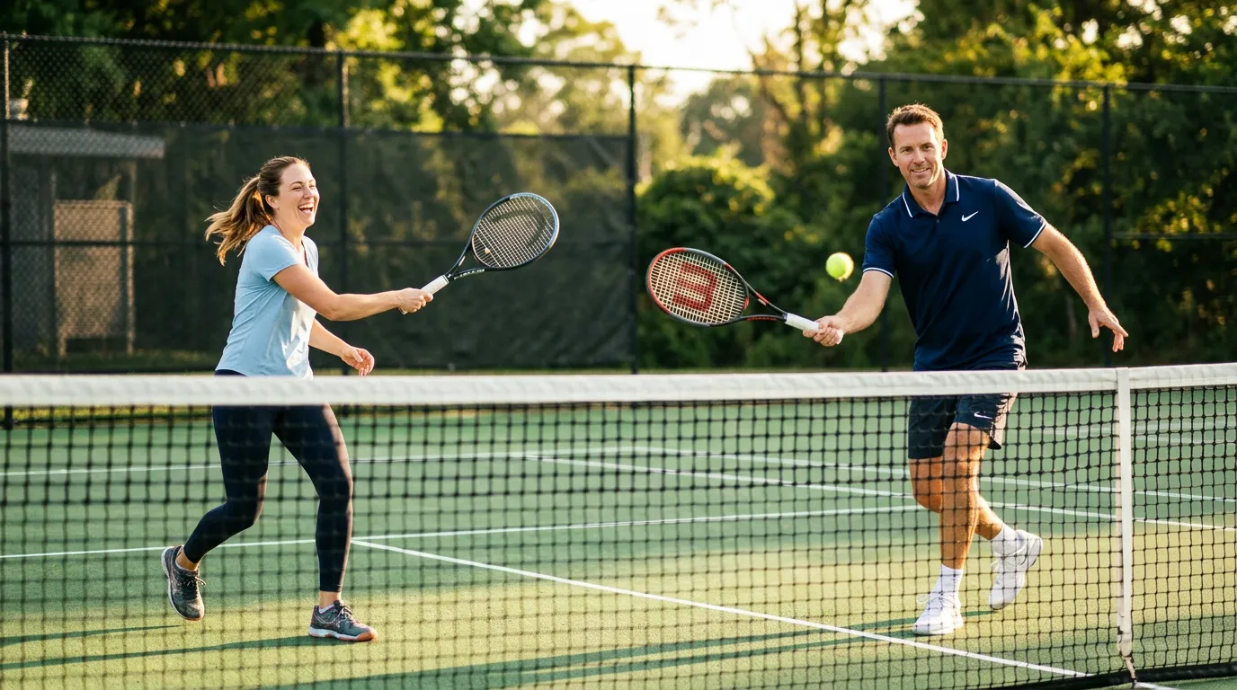 A Rally tennis coach rallying with an adult student on a sunlit outdoor hard court